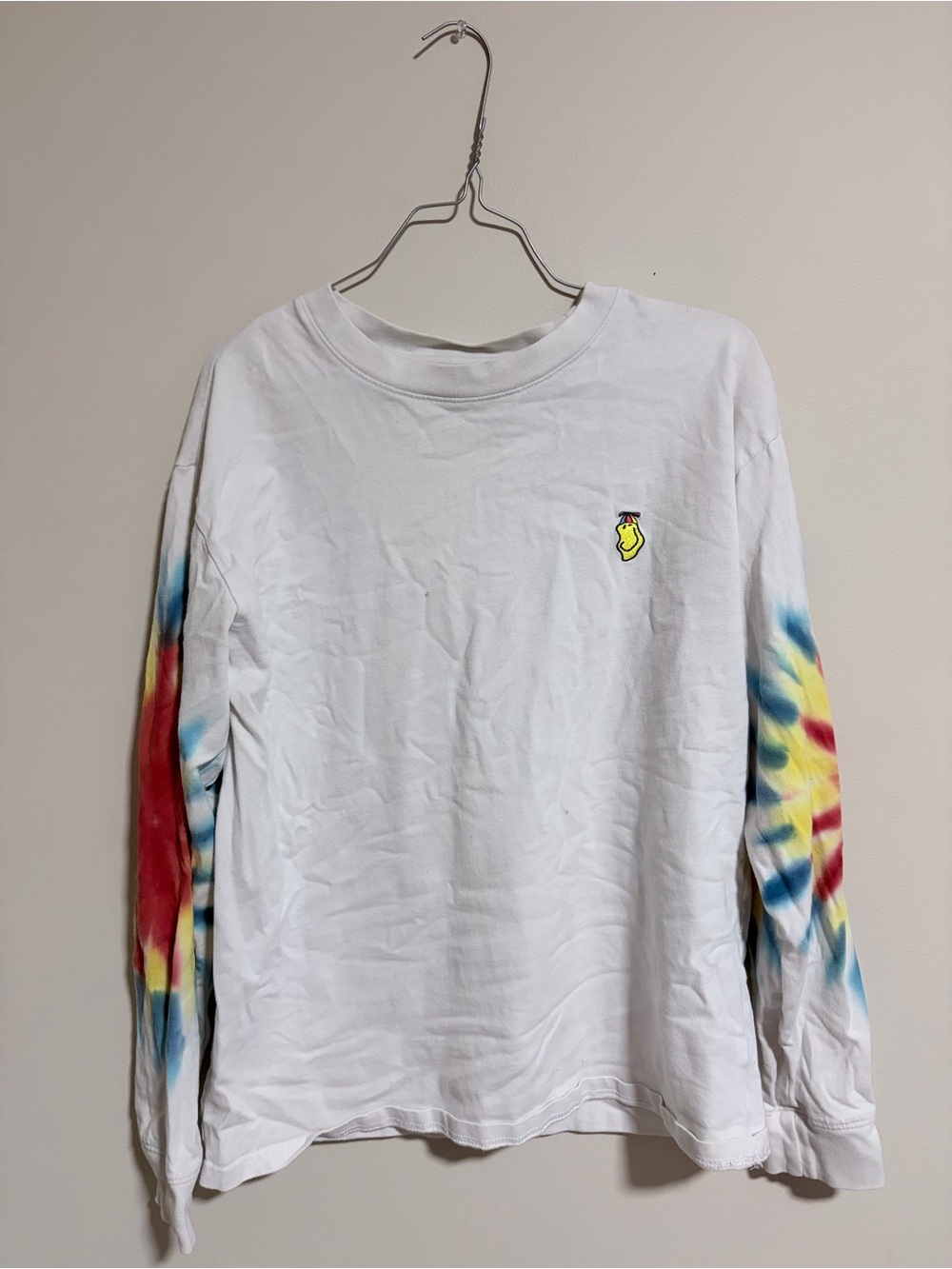 Empyre White Long Sleeve Tee with Tie-Dye Sleeves and Smiley Face Patch
